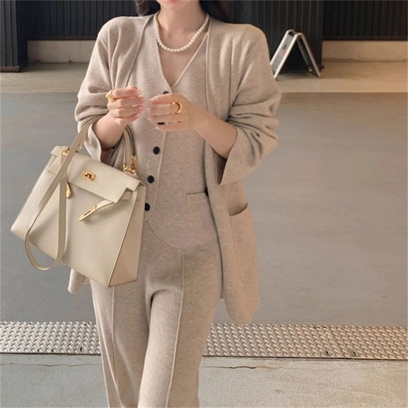 跨境气质通勤针织衫套装女2025秋冬新款加厚开衫马甲阔腿裤三件套|undefined