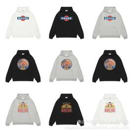 潮牌高街Rhude时尚休闲连帽卫衣男女情侣街头红圆蓝方印花帽衫