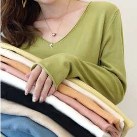 包芯纱懒惰风牛油果绿V领毛衣女春秋宽松套头打底针织衫跨境外贸