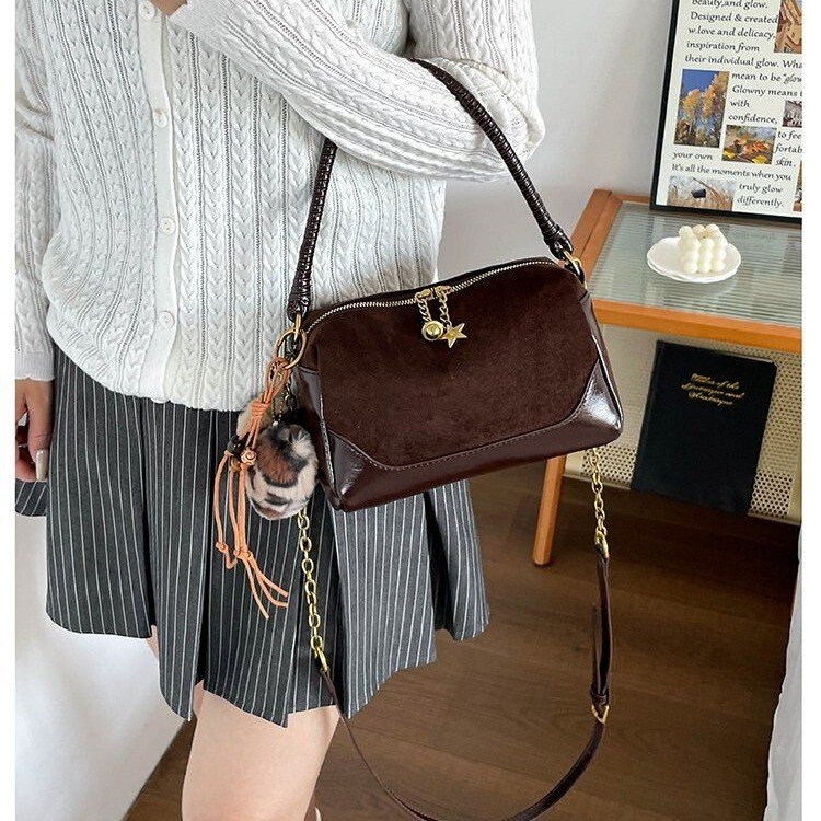 2026 New Retro Suede Baguette Bag for Women, Maillard Color Block Pillow Shoulder Crossbody Handbag, Cross-Border