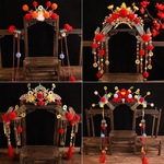 复古可爱财神发饰元宝毛球头饰发冠凤冠新年古风铜钱红色新年饰品