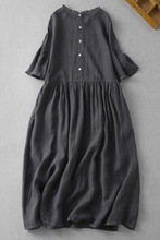 日系出口尾货大码复古学院风棉麻亚麻短袖宽松连衣裙减龄裙子