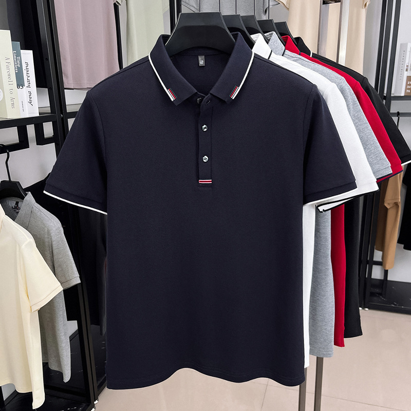 純綿夏の新しいメンズ tシャツ刺繍ハイエンドルーズファッション薄い半袖ラペルアイスシルク半袖メンズ tシャツ|undefined