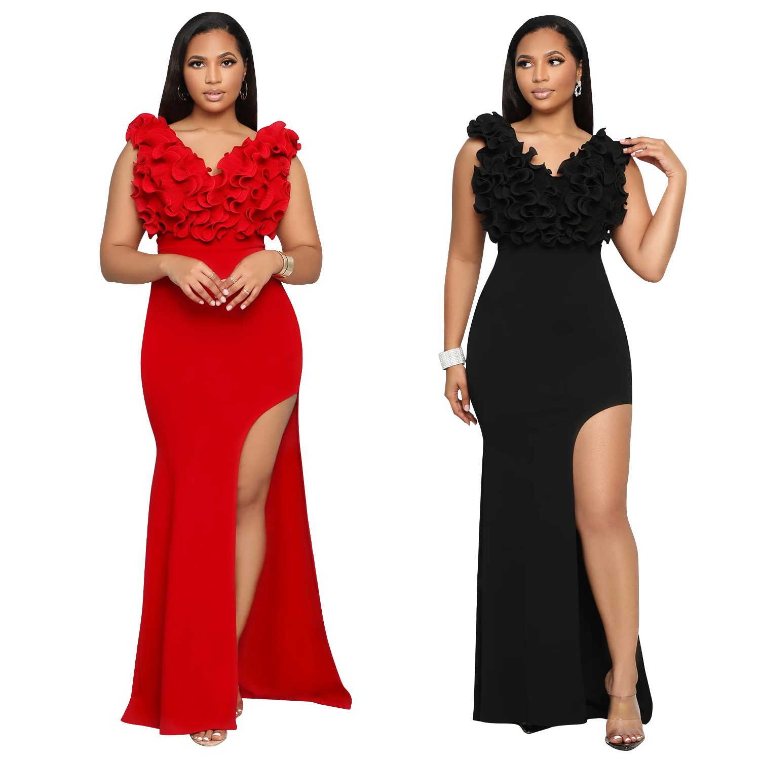 C7013 Aliexpress transfronterizo Amazon estación independiente de moda europea y americana ropa de mujer de cuello en V sin mangas vestido largo de bifurcación image 6