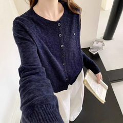 HLY2025早秋新款温柔风软糯针织开衫上衣女圆领宽松长袖毛衣外套