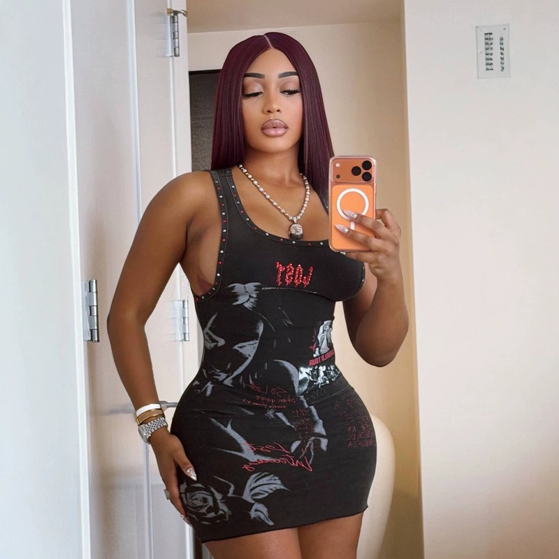 European and American African-Style Spicy Girl Graffiti Print Dress, Sleeveless Studded U-Neck Tight-Fitting Bodycon Short Dress, Export European and American African-Style Spicy Girl Graffiti Print Dress, Sleeveless Studded U-Neck Tight-Fitting Bodycon Short Dress, Export