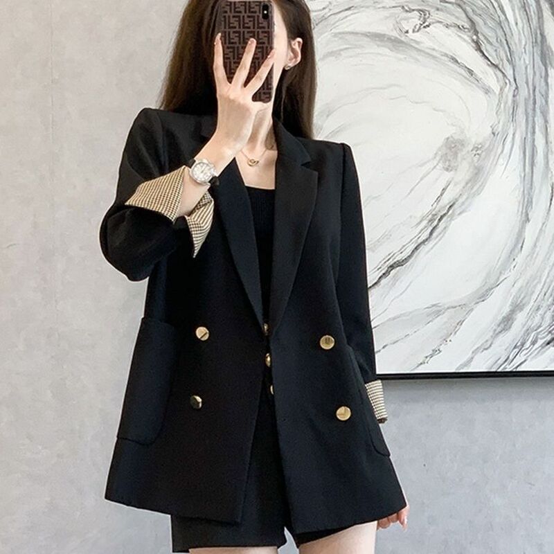Black Suit Jacket Women's Spring and Autumn New Korean-style Loose Sleeve Fashionable Simple Commuting Double-breasted Suit Trendy