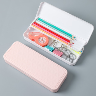 2140 Plastic Double Layer Stationery Box Student Internet Celebrity Pencil Box Solid Color Large Capacity Primary School Pen Box Storage Box
