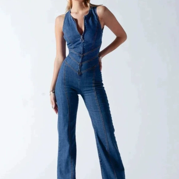 Европейский и американский стиль женской одежды 2025 весна новый стройный без рукавов модный уличный ретро стиль джинсовые комбинезоны женские