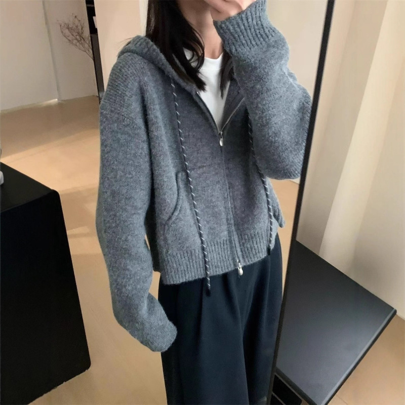 气质休闲连帽加厚短款开衫2025秋冬新款韩版淑女风显瘦上衣针织衫|undefined