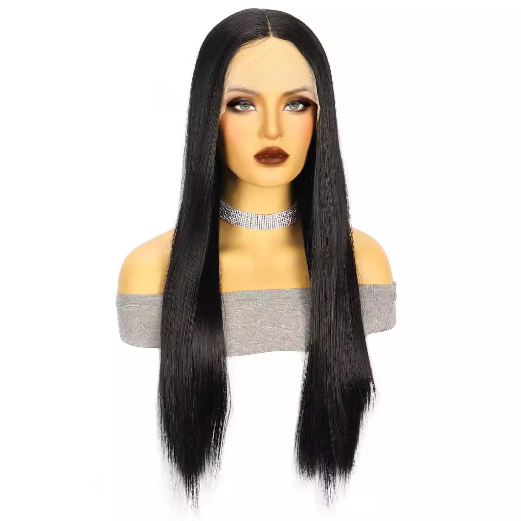 Transfronterizo europeo y americano de encaje 13*4 de las mujeres de largo pelo recto frontal de encaje medio punto de fibra química tocado xuchang pelucas de fábrica