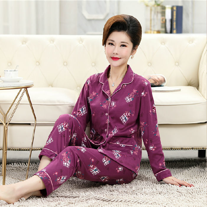 [Plus size] mamá de mediana edad y ancianos pijamas de manga larga de las mujeres de edad avanzada primavera y otoño ropa de hogar traje de Cardigan de verano