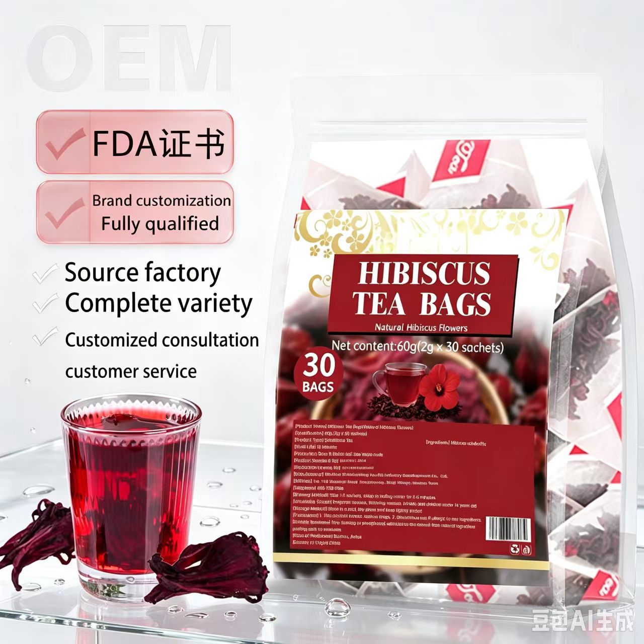 Roselle Hibiscus Tea Bags Luo Shen Hua 30 Individually Wrapped Triangle Bags 60g Sugar Free Herbal Flower Tea in use