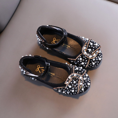 2024 Girls' Single Shoes Spring and Autumn New Leisure Diamond Butterfly Knot Medium and Small Children Dance Shoes Performance Shoes Princess Shoes