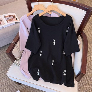 Large size women's summer ice silk knitted jacket fat sister slim 200/300kg short sleeve T-shirt 8188