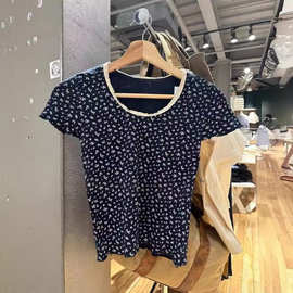 BM风新款美式复古华夫格碎花T恤女bm短袖花边圆领修身上衣