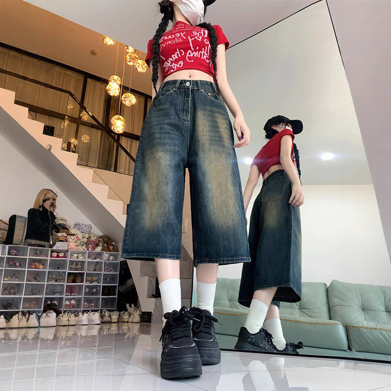 American Style High Street Retro Wide Leg Cropped Denim Pants Women's Summer High Waist plus size Slimming Loose Straight Short Pants American Style High Street Retro Wide Leg Cropped Denim Pants Women's Summer High Waist plus size Slimming Loose Straight Short Pants