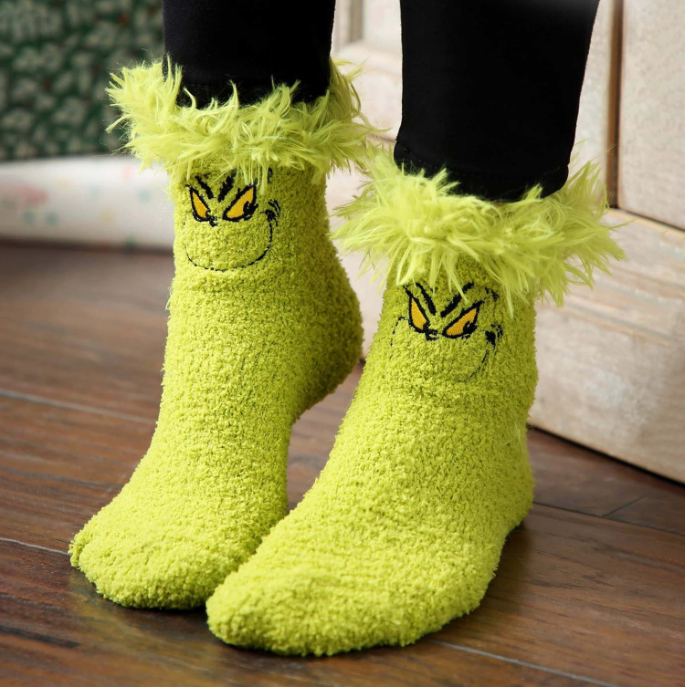 Cross-Border Christmas Grinch Warm Socks Embroidered Plush Socks Green Furry Monster Smiley Face Socks Cartoon Home Socks Cross-Border Christmas Grinch Warm Socks Embroidered Plush Socks Green Furry Monster Smiley Face Socks Cartoon Home Socks