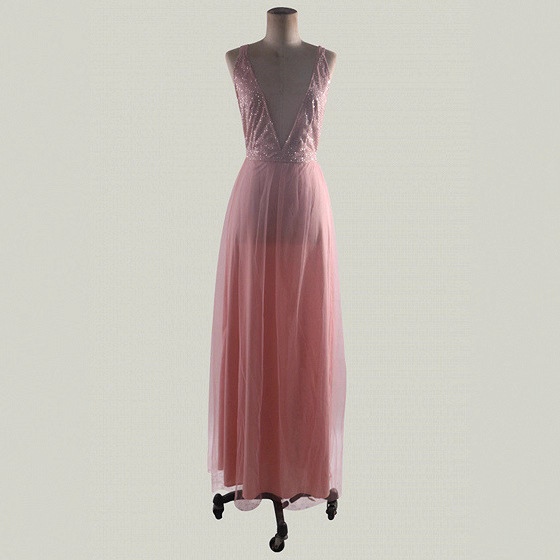 2026 Europa y América Amazon nueva ropa de mujer elegante temperamento lentejuelas hendidura sexy con cuello en V vestido de noche sin espalda falda larga