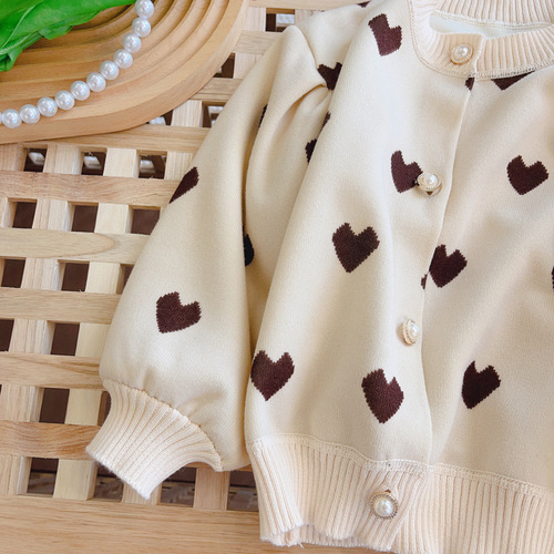 Children's Knitted Cardigan Spring and Autumn Girls' Fashion Lantern Sleeve Heart Sweater Coat Korean Version Little Chiffon Top