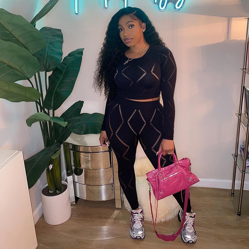 Casual Solid Color Spandex Polyester Ripped Hollow Out Pants Sets 2 Piece Set