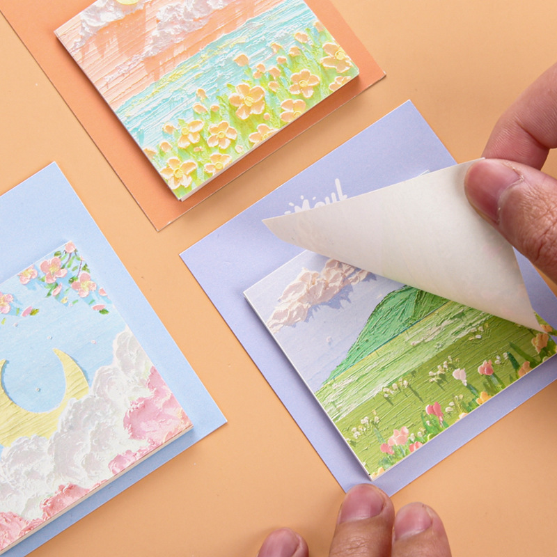 Bloc de notas adhesivas con diseño de pintura al óleo, alto valor estético, estilo simple, para estudiantes, adhesivo fuerte, bloc de notas con paisajes.