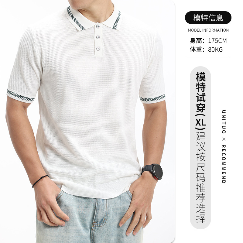 Hombres nuevo patrón de piña hielo jersey polo de punto de manga corta botón de solapa hombre sensación de alto grado de ropa casual de hombre verano