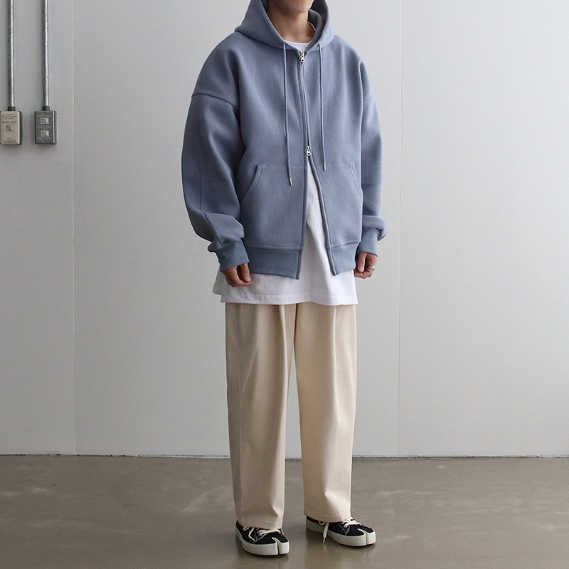 Moletom masculino casual com capuz e zíper - Jaqueta de algodão macio para outono e inverno - Caimento solto e streetwear com bolsos (preto, cinza, azul)_voghion.com