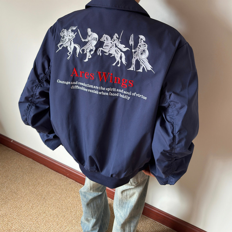 Warhorse Embroidered Flight Jacket for Men, Autumn American High Street Vibe Short Coat with Turn-Down Collar in Navy Blue Baseball Style Warhorse Embroidered Flight Jacket for Men, Autumn American High Street Vibe Short Coat with Turn-Down Collar in Navy Blue Baseball Style