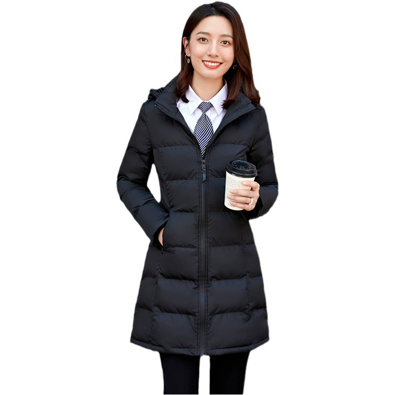Черное пуховое пальто с хлопковой подкладкой для женщин, зимнее утолщенное 2023 Новое приталенное пальто средней длины с хлопковой подкладкой, профессиональная рабочая одежда