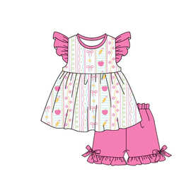 欧美精品店童装外贸批发粉红色铅笔苹果印花女孩回学校套装