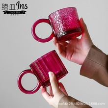 ins风竖纹圆环把手玻璃水杯高颜值大耳朵马克杯饮料咖啡杯伴手礼