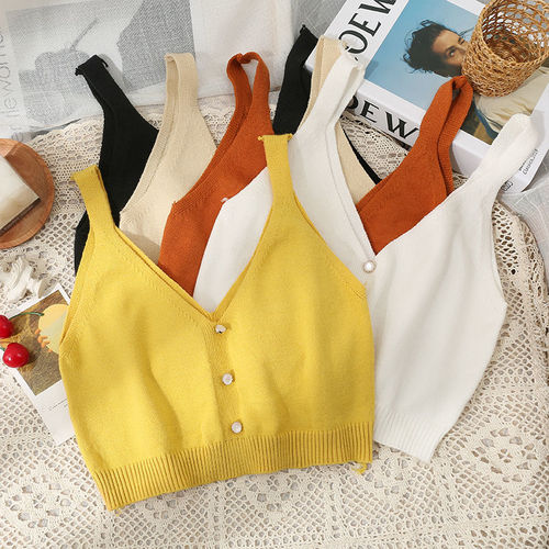  new versatile short three-button ice silk solid color vest for women spring and summer low-necked knitted halter top