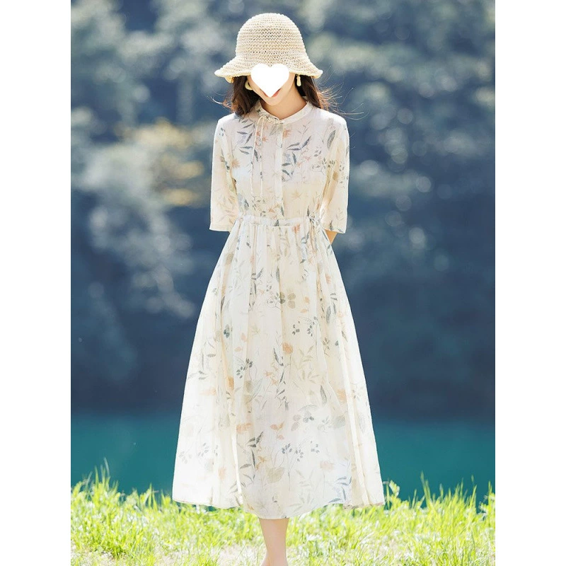 Элегантное платье из высококачественного рами с цветочным принтом, новый стиль 2025 года, в литературном стиле, в стиле китайской элиты, для полных, этнический стиль, длинная юбка.