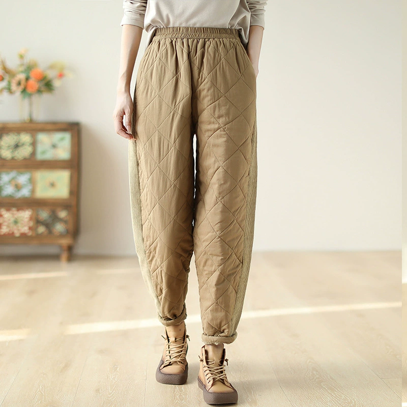 Winter solid velvet keep warm quilted trousers, elastic waist