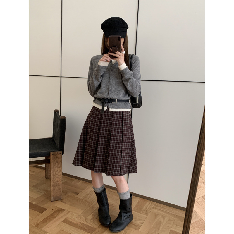 糖糖~格子百褶中裙女2025秋冬季新款松紧腰显瘦百搭休闲A字中裙|undefined