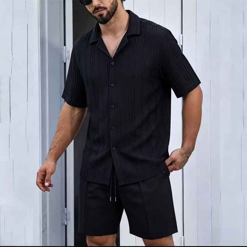2026 Summer Cross-Border Amazon Men's Suit with Lapel Button-Down Shirt and Shorts, Loose and Comfortable Fit