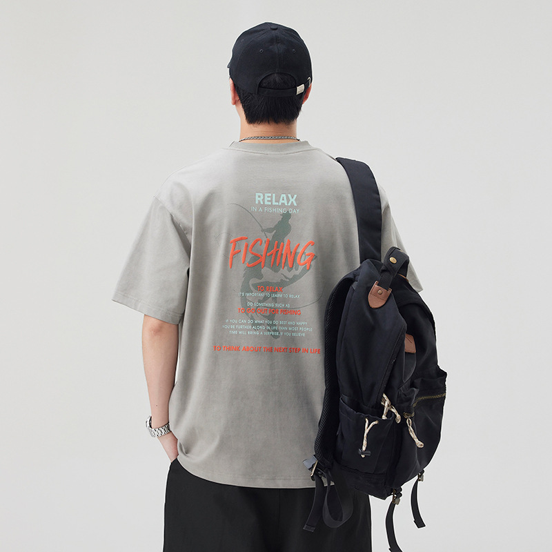 Cloud Dye Washable Fishing Suede Foam Printing Quick-Drying Anti-Wrinkle Pound Trendy Summer Short-Sleeved T-Shirt Breathable Youth