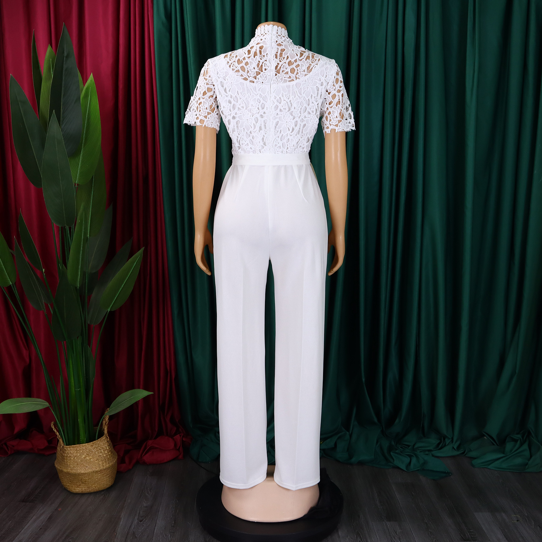546g Weight Short Sleeve Sleeve Length Polyester Fabric Type High Waist Waist Line Jumpsuits Pants Type Daily Occasion Loose Fit Type Solid Color Pattern Summer Season Women's Gender Lace Design Casual Style Women's Daily Casual Solid Color Lace Jumpsuits 27