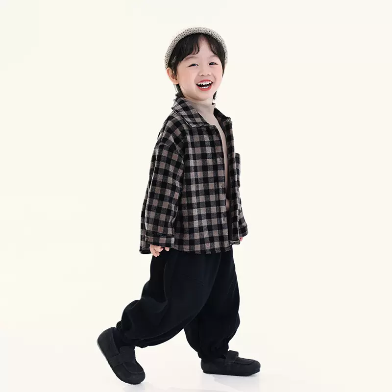 畅果童装男童加绒衬衫冬季新款儿童复古格子衬衣中小童加厚外套