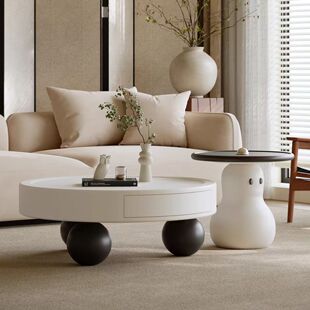 Cream Style Round Coffee Table Modern Simple Creative Coffee Table Combination Living Room Small Apartment Household Light Luxury Internet Popular Coffee Table