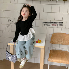 童森童马女童长袖T恤秋装2025儿童秋季上衣洋气荷叶边拼接打底衫