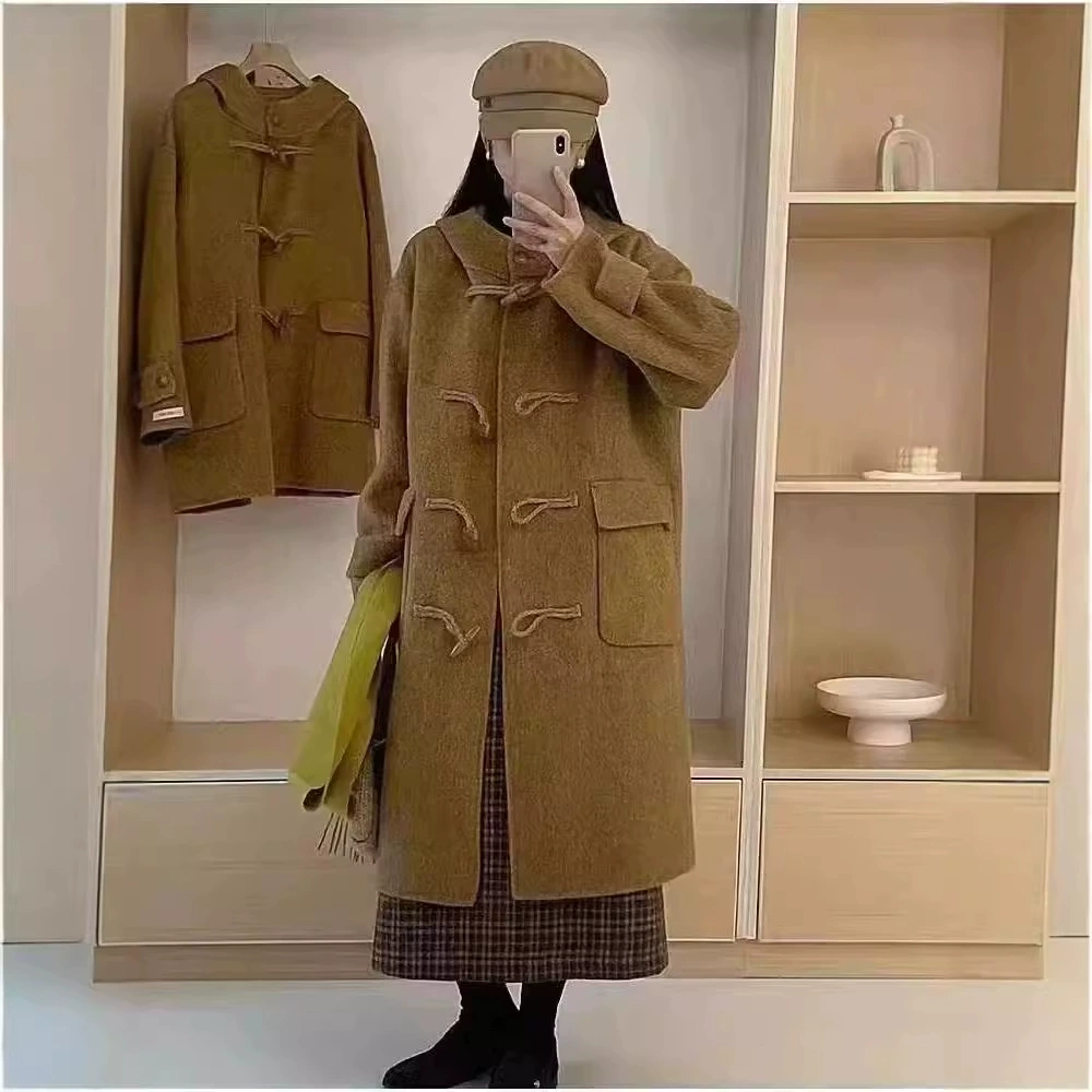 [Свободные роговые пряжки с капюшоном] Корейская оригинальная одноволосая роговая пряжка с мягким капюшоном двухстороннего шерстяного пальто