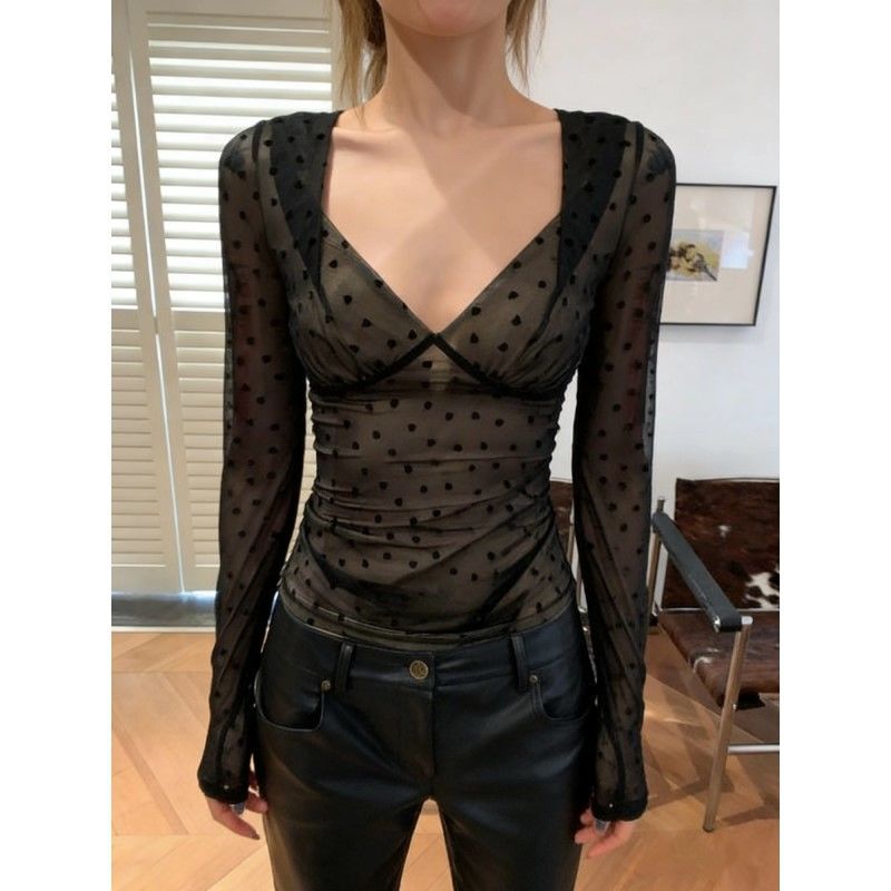 Plus-Size Sexy Black Polka Dot Top for Women, Early Spring 2026, Waist-Cinching Design, Mesh Base Shirt