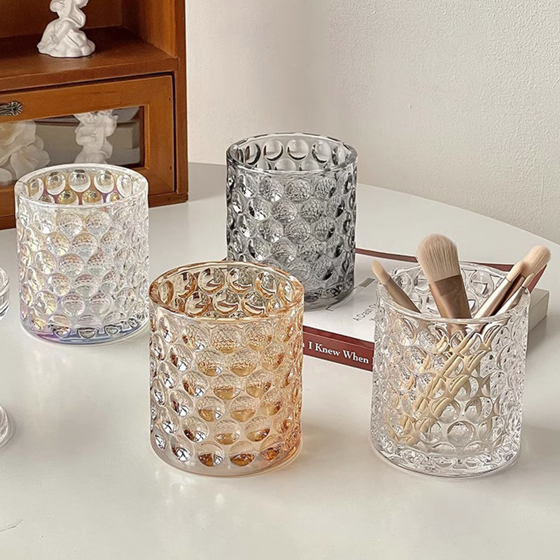 Taza de vidrio de punto simple taza de agua ins puntos de viento cepillo de maquillaje bolígrafo decoración de escritorio candelabros taza de frasa de banano