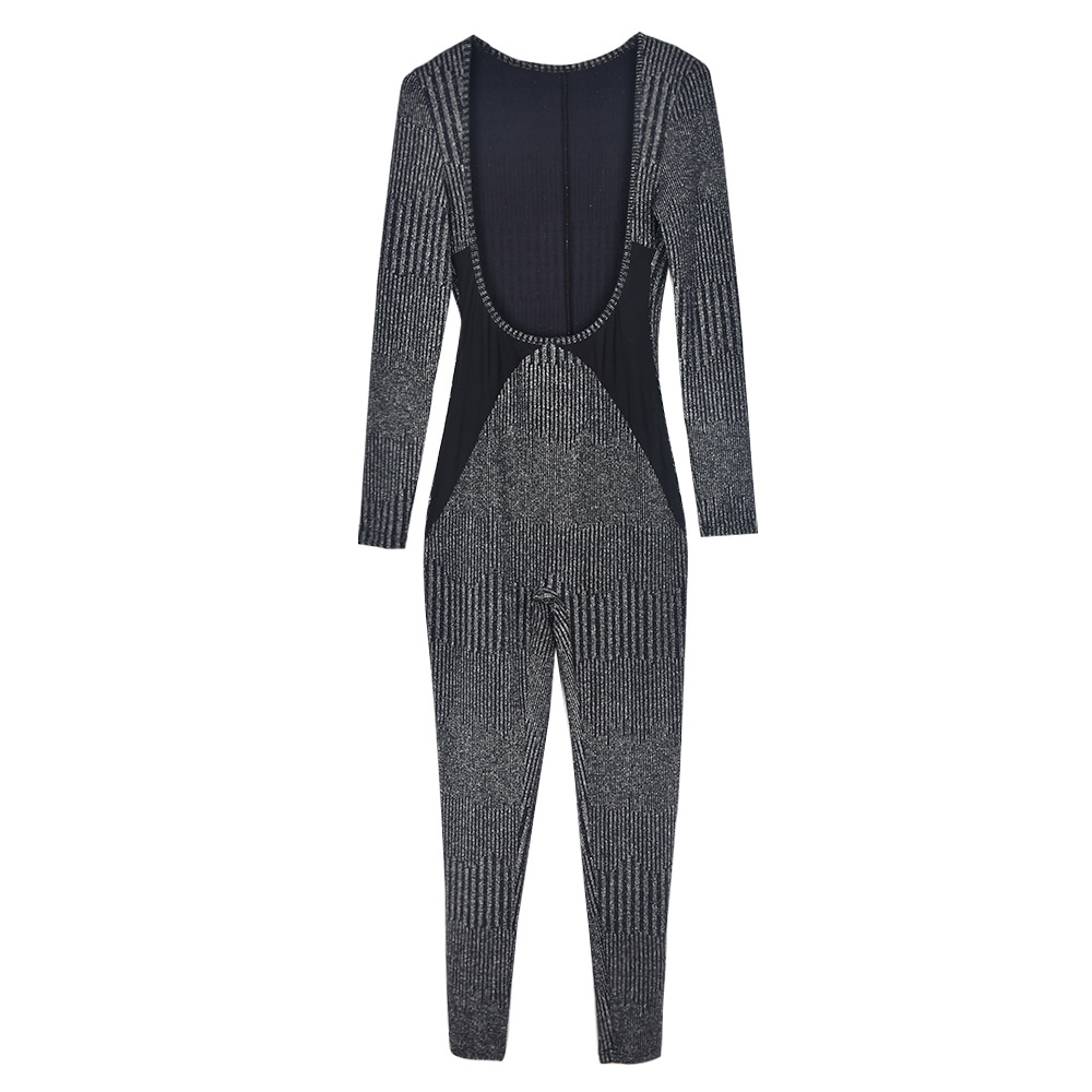 Autumn Winter Chest Wrapped Two Piece Set Lace up Cutout Nylon Long Sleeve Jumpsuit High Elastic Women Clothing