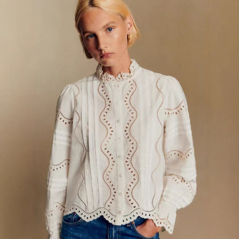 French-Style Shirt 2026 Spring and Autumn New Sweet Hollow Lace Embroidery Scalloped Edge Long-Sleeve Ruffle Shirt for Women