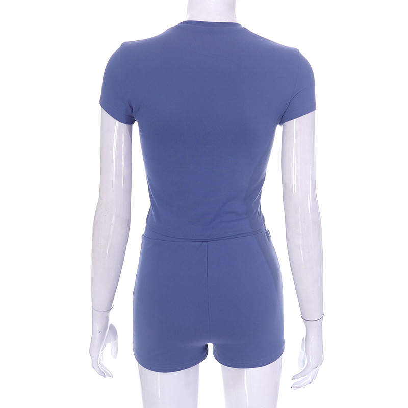 Women Clothing Spring Summer Solid Color Short Sleeve Casual Shorts Set