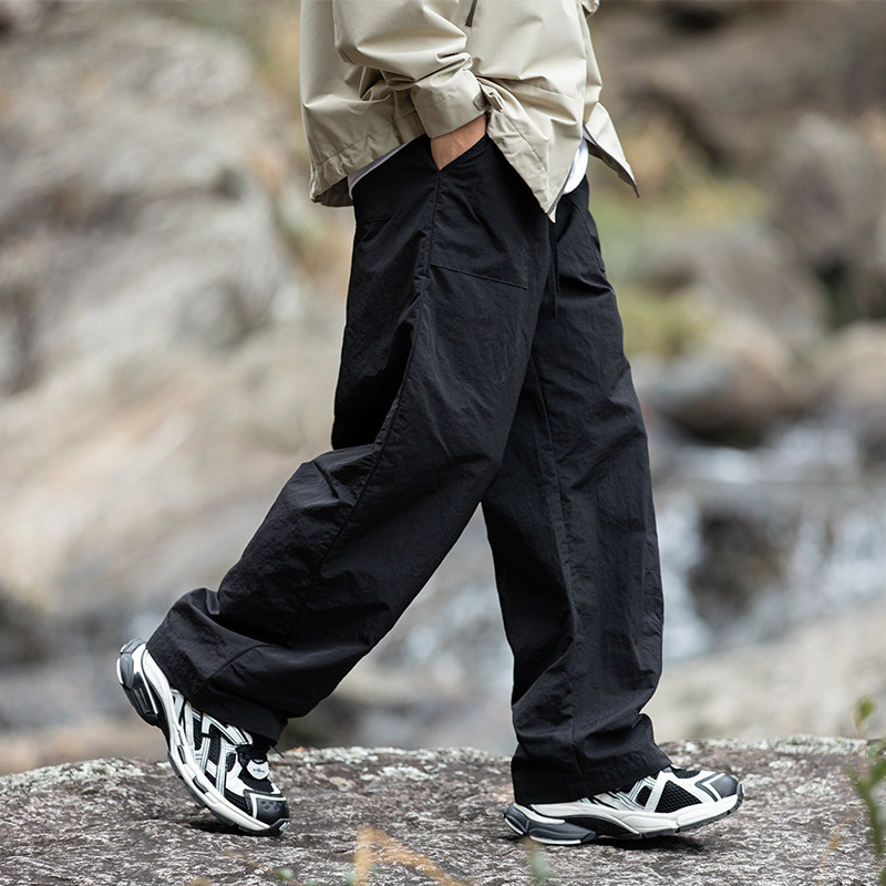 Hanlu ropa de trabajo ligeramente arrugada para hombres pantalones casuales primavera nuevas parejas sueltas y anchas pantalones rectos con cordón q