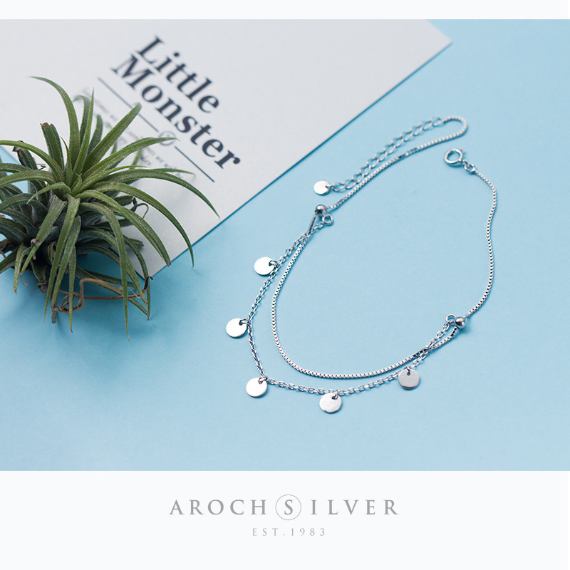 S925 plata mujer japonés estilo coreano doble tobilla personalidad geométrica circular joyería tobilla S1764